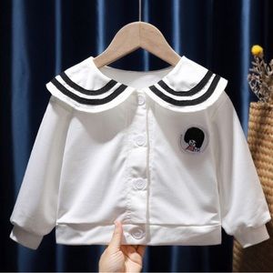 Brand new, girl's preppy top with big lapels, spring and autumn, white stripes，